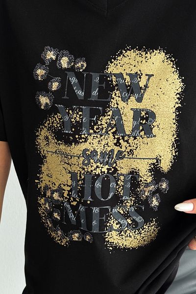 FEMELLE Women's Black V-Neck Sequin Embroidered 100% Cotton Large Size T-Shirt