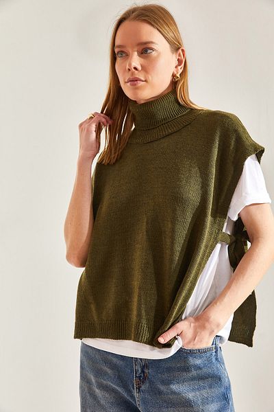 Bianco Lucci Damen-Strickpullover mit Rollkragen und Bindegürtel