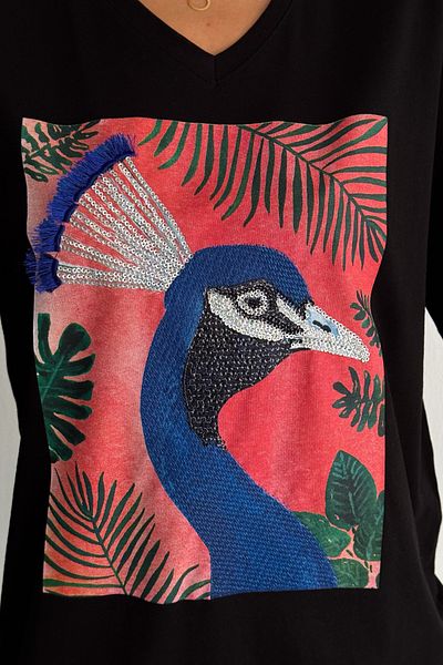 FEMELLE Tricou de damă, negru, cu decolteu în V, de mărime mare, cu paiete, brodat, 100% bumbac