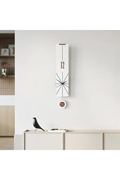 CajuArt Modern Uzun Ahşap Beyaz Çarpraz Çizgili Sarkaçlı Duvar Saati