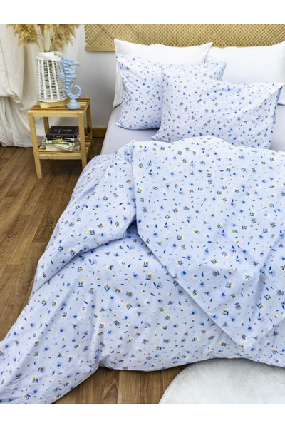 ELY PARKER 100% Cotton Double Duvet Cover Set Flower Patterned White-Blue Without Sheets