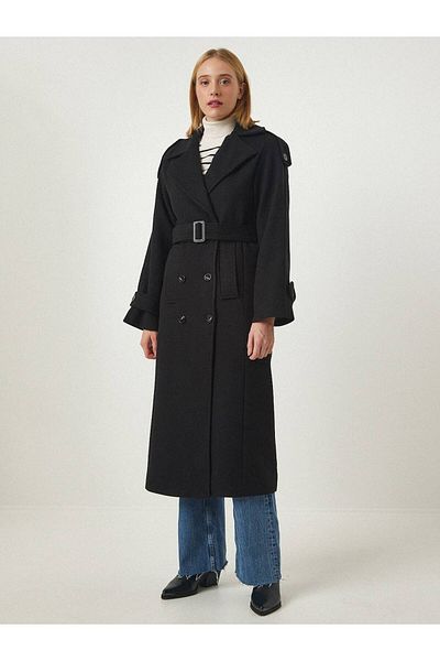 Laluvia Černé nárameníky Belted Coat- 500002