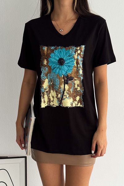 FEMELLE Women's Black V-Neck Large Size Flower Pattern Sequin Embroidered 100% Cotton Large Size T-Shirt