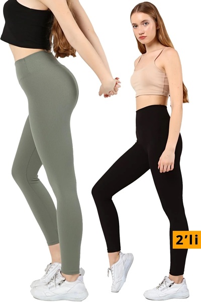 Livik Black&Khaki Ribbed Inner Fleece Raised Winter Leggings High Waist 2-Pack Advantageous Package