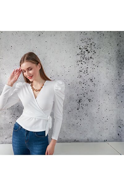 HAKKE Shoulder Detail Scuba Blouse with Belted Waist