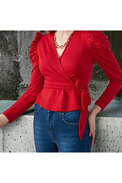 HAKKE Shoulder Detail Scuba Blouse with Belted Waist