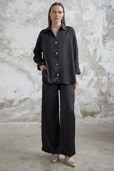 InStyle Satin Shirt Trousers Set - Black