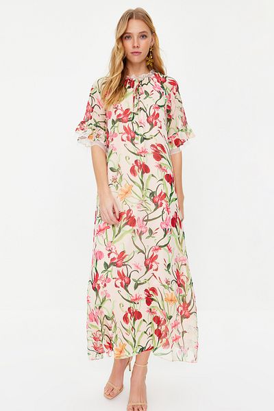 Trendyol Modest Βραδινό φόρεμα εκρού σιφόν - Floral σχέδιο, TCTSS24EB00007
