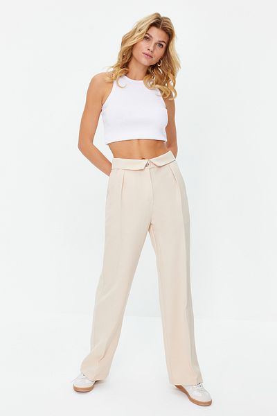 Trendyol Collection Bézs curling derék részletesen széles szárú/széles szárú szőtt nadrág TWOSS24PL00049