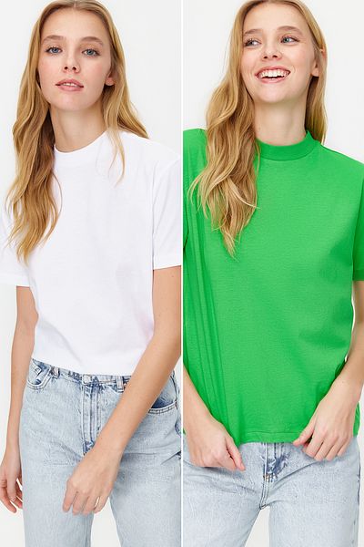 Trendyol Collection Zelenobílé pletené tričko s límečkem, sada 2 kusů - TWOSS20TS1500
