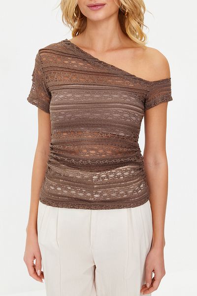 Trendyol Collection Καφέ δαντέλα ασύμμετρη πλεκτή μπλούζα TWOSS24BZ00303