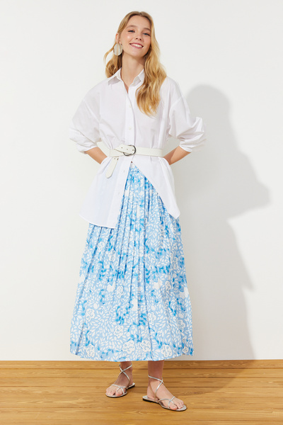 Trendyol Modest Blue Multicolored Wide Pleated Woven Skirt with Elastic Waist TCTSS23EE00026