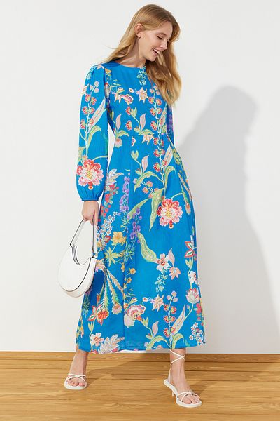 Trendyol Modest Φόρεμα Saks με λουλουδάτο μοτίβο με υφαντό λινό look TCTSS24EB00102