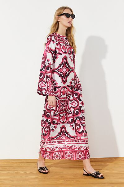 Trendyol Modest Fuchsia Satin Ethnic Pattern Evening Dress Jalabiya Dress Tctss23Db00028