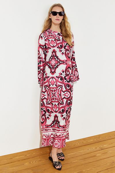 Trendyol Modest Fuchsia Satin Ethnic Pattern Evening Dress Jalabiya Dress Tctss23Db00028