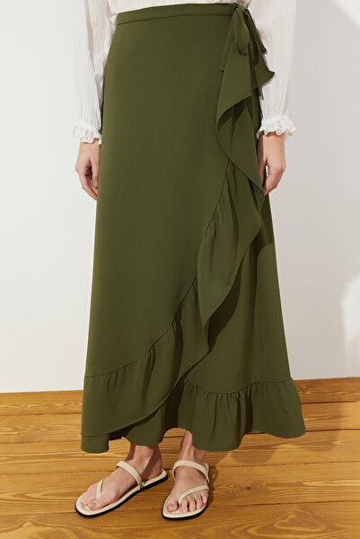 Trendyol Modest Sötét Khaki Wrap Flounce szőtt szoknya TCTSS21ET0579