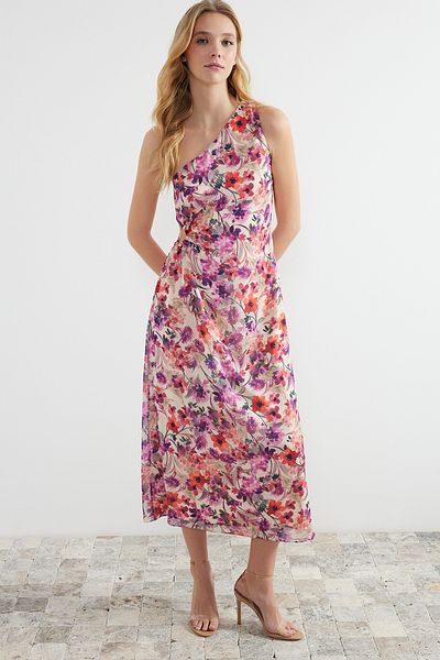 Trendyol Collection Multicolored Window Detailed Floral Chiffon Lined Maxi Woven Dress TWOSS24EL00323