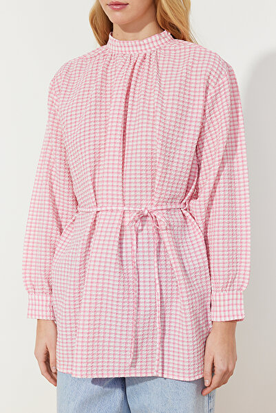 Trendyol Modest Dusty Rose Belted Woven Seersucker Plaid Tunic TCTSS24UK00014