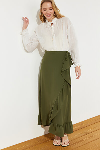 Trendyol Modest Sötét Khaki Wrap Flounce szőtt szoknya TCTSS21ET0579