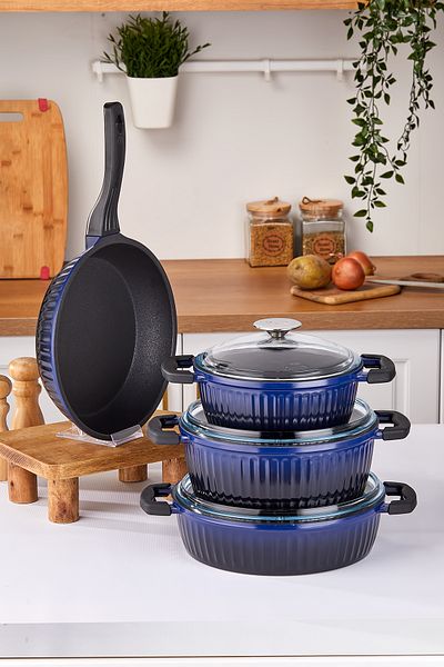 Taç Valeriya Glass Lid 7 Piece Cast Pot Set Navy Blue Black