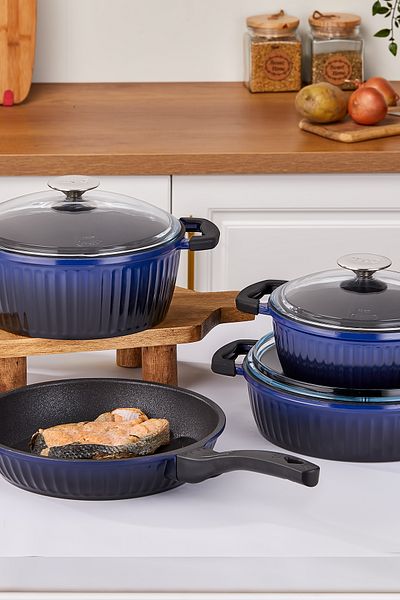 Taç Valeriya Glass Lid 7 Piece Cast Pot Set Navy Blue Black