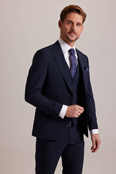 Ysf Erkek Lacivert Çizgili Slim Fit Sivri Yaka Yelekli Takım Elbise