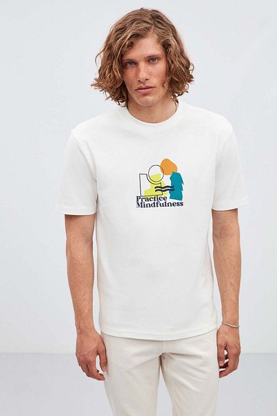 GRIMELANGE Mindful Men's Oversize Fit Thick Special Textured Printed White T-shirt