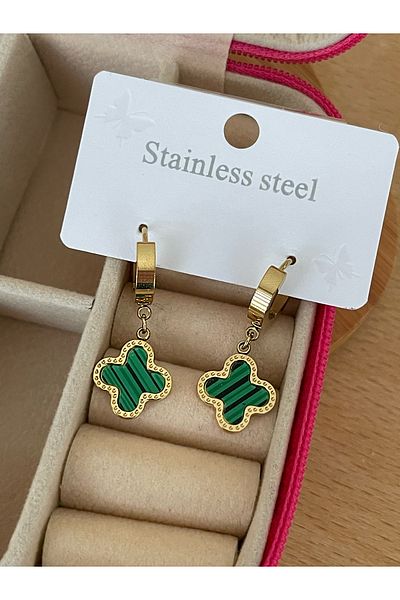 JELLY Women's Steel Gold Color Green Enamel Clover Brand Model Dangle Earrings