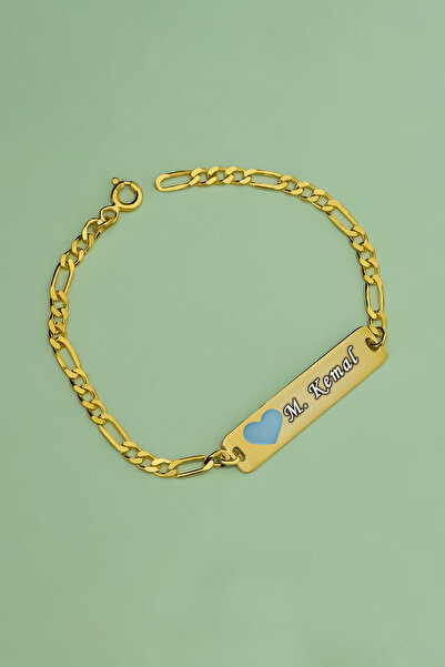 Sinsirella 925 Ayar Gümüş Gold Kaplama Mavi Kalpli, İsimli Erkek Bebek Künyesi