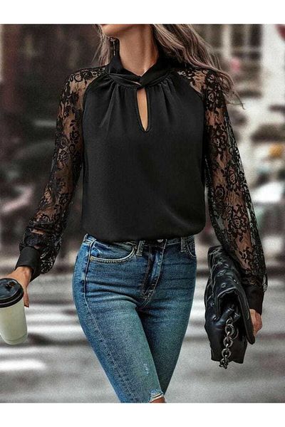 Viyamo Sandy Blouse - Γυναικεία μπλούζα με μακριά μανίκια, λεπτομέρεια παραθύρου στο στήθος, τούλι λαιμόκοψη