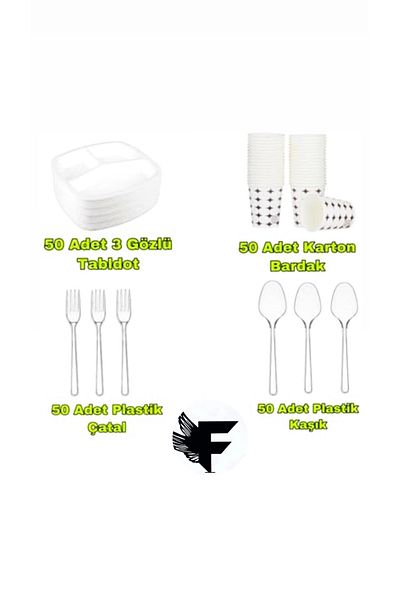 Anı Hygienic Package 3 Compartment Foam Plate - Plastic Fork, Spoon - Cardboard Cup Eco Set (Set of 50)