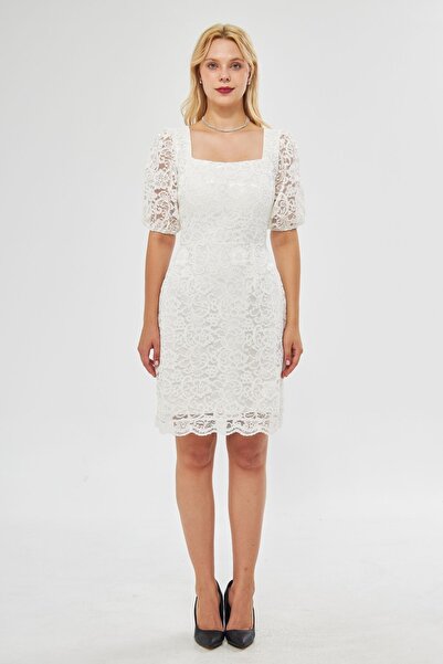 Bidoluelbise Beyaz Fransız Dantel Balon Kol Kare Yaka Mini Abiye Elbise