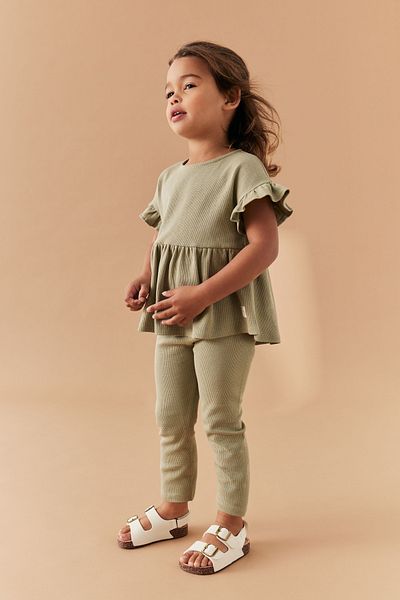 Next Baby 100% Cotton Green Waffle Short Sleeve Tights Aşt Top Set