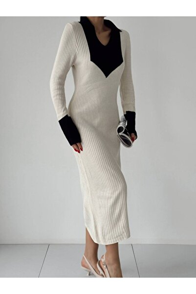 Lusin Women's Long Sleeve Midi Knitwear Dress with Collar and Sleeve Detail - White