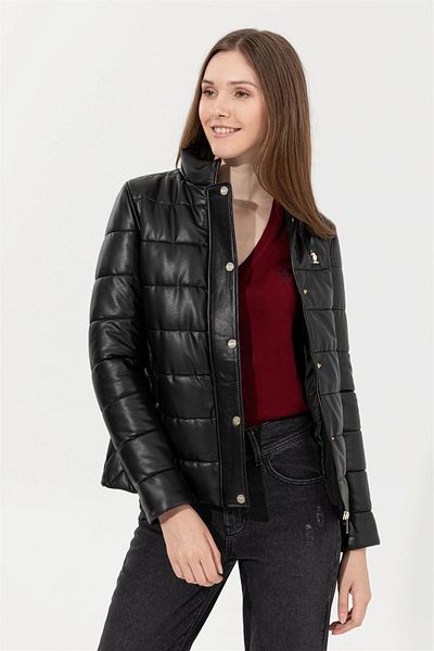 U.S. Polo Assn. Jachetă neagră de damă din piele artificială