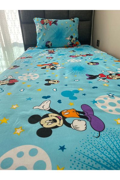 NEVRESİMDESİNG Single Mickey Mouse Patterned Elastic Sheet Set 100x200