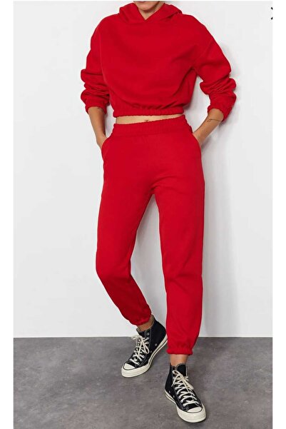 aryam butik Kadın Kapüşonlu Crop Üstlü Paçası Lastikli GÜNLÜK 3 İplik İçi Polarlı Şardonlu Basic Eşofman Takım