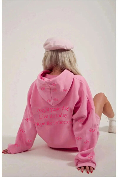 blausee wear Pembe Oversize Rahat Kalıp Eye Crown Baskılı Kapüşonlu Sweatshirt