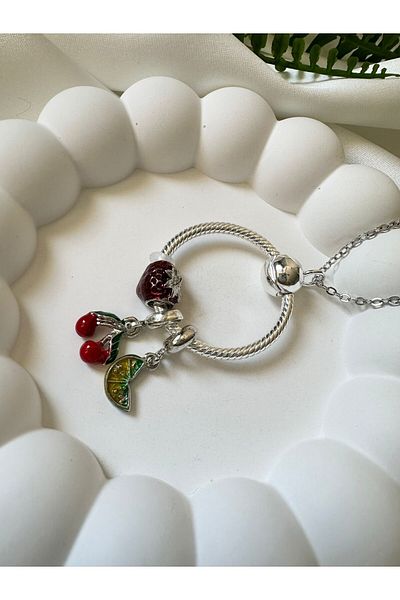 ni aksesuar Steel Plated Moments Round Pendant and Lemon-Strawberry-Cherry Triple Charm