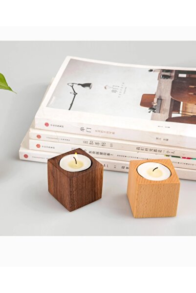 WooDanica Ahşap kare mumluk 2 'li set Ev dekorasyon