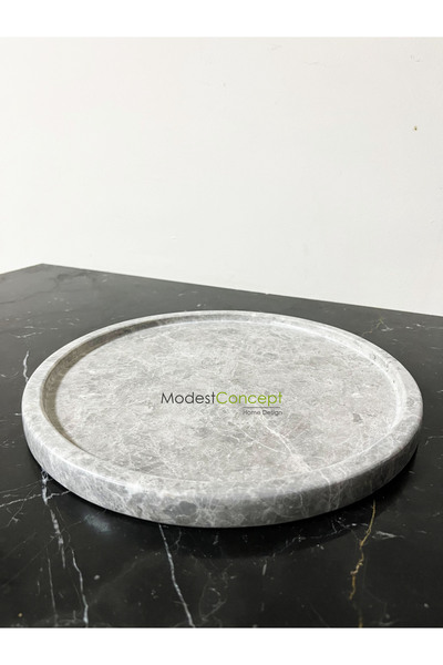 Modestmar Doğal Gri Mermer Yuvarlak Tepsi, Gri Mermer Düzenleyici, Gri Mermer Tepsi 28cm, Gri Mermer Tabak
