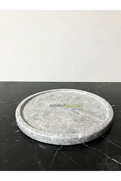 Modestmar Doğal Gri Mermer Yuvarlak Tepsi, Gri Mermer Düzenleyici, Gri Mermer Tepsi 28cm, Gri Mermer Tabak