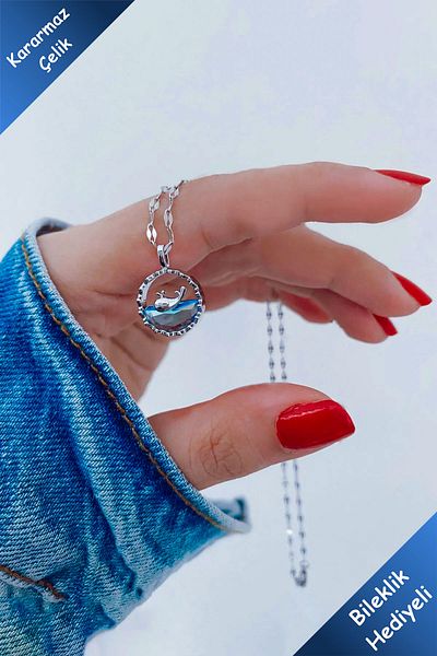The Collection Non-Tarnish Whale Steel Necklace Blue Floating Fish Model Silver Color Steel Necklace