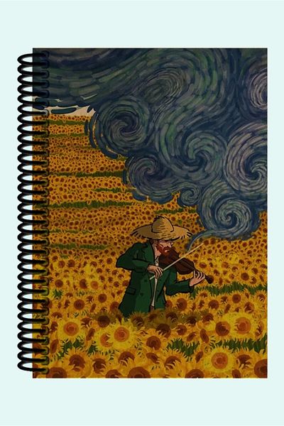 Namgo Caiet de 200 de pagini cadou A5 cu copertă kraft cu spirală, care cântă la vioară, tematică Van Gogh
