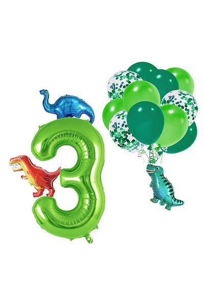 Patladı Gitti 3 Year Old Dinosaur Set; Number Foil, 3 Mini Dinosaurs and 10 Balloons