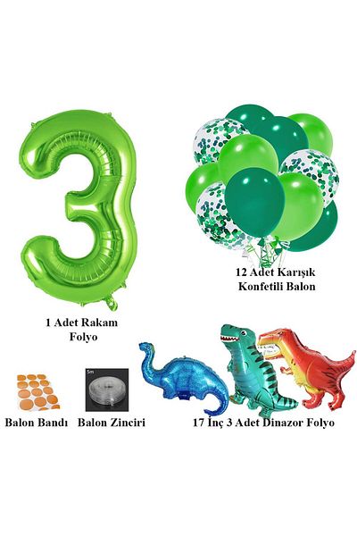 Patladı Gitti 3 Year Old Dinosaur Set; Number Foil, 3 Mini Dinosaurs and 10 Balloons