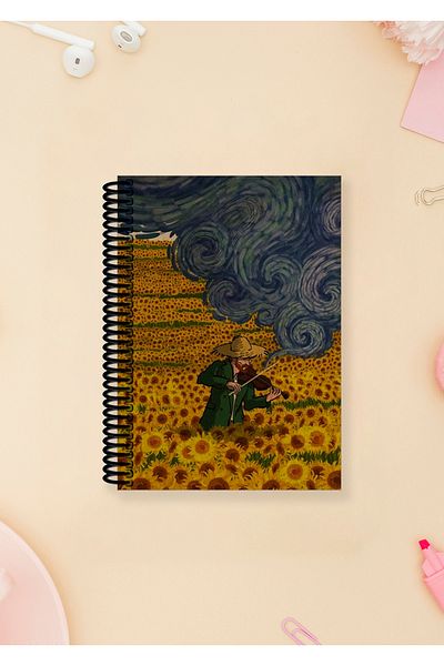 Namgo Caiet de 200 de pagini cadou A5 cu copertă kraft cu spirală, care cântă la vioară, tematică Van Gogh