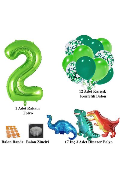 Patladı Gitti 2 Year Old Dinosaur Set; Number Foil, 3 Mini Dinosaurs and 10 Balloons