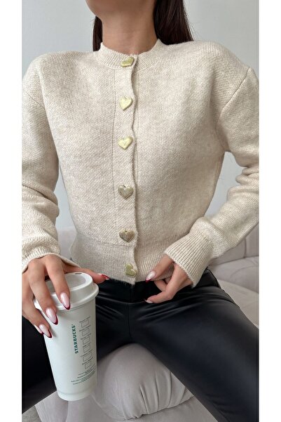 Bolesa Suadiye Standard Size Light Beige Gold Heart Button Teddy Premium Soft Crop Cardigan