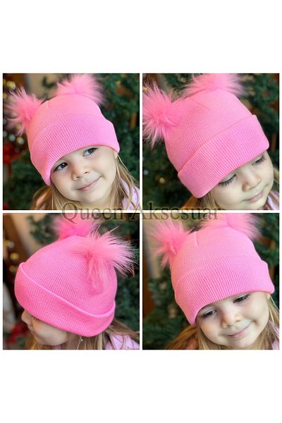 QUEEN AKSESUAR fashion adjustable measured lol baby furry with pom pom pom beanie hat children baby neon pink 0-6